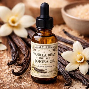 May include: A small amber glass bottle with a black dropper cap, labeled "Vanilla Bean Infused Jojoba Oil." The label features text and botanical illustrations. Vanilla beans, vanilla flowers, and sugar crystals surround the bottle, creating a natural, organic aesthetic.