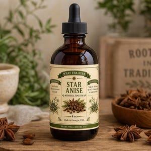 May include: A brown glass bottle of "Star Anise" botanical tincture with a black dropper. The label includes the text "What Tha Herb" and "Rooted in Tradition." Star anise pods and a wooden bowl are also visible.