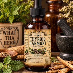 K&ouml;nnte beinhalten: Eine braune Glastropfflasche mit dem Etikett What Tha Herb Thyroid Harmony Herbal Tincture, 2 FL OZ (60 ml). Das Etikett zeigt botanische Illustrationen, Zutatenlisten und Gebrauchsanweisungen. Die Flasche hat einen schwarzen Tropfverschluss.