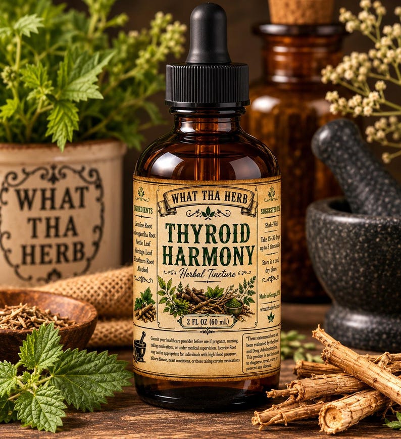 K&ouml;nnte beinhalten: Eine braune Glastropfflasche mit dem Etikett What Tha Herb Thyroid Harmony Herbal Tincture, 2 FL OZ (60 ml). Das Etikett zeigt botanische Illustrationen, Zutatenlisten und Gebrauchsanweisungen. Die Flasche hat einen schwarzen Tropfverschluss.