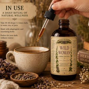 May include: A brown glass bottle labeled "Wild Woman Herbal Tincture" with a dropper dispensing liquid. The image includes a cup of tea, a small wooden bowl with herbs, and text that reads "In Use: A daily ritual of natural wellness."