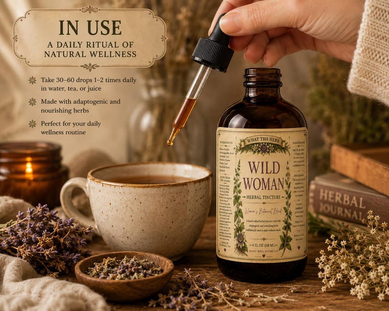 May include: A brown glass bottle labeled "Wild Woman Herbal Tincture" with a dropper dispensing liquid. The image includes a cup of tea, a small wooden bowl with herbs, and text that reads "In Use: A daily ritual of natural wellness."