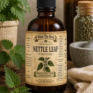 Könnte beinhalten: Eine 59 ml Braunglasflasche mit What Tha Herb Brennnesselblatt-Tinktur und schwarzem Tropfverschluss. Das beige Etikett zeigt eine botanische Illustration einer Brennnesselpflanze sowie Angaben zu Inhaltsstoffen und Anwendung.