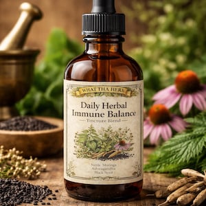 K&ouml;nnte beinhalten: Eine braune Glasflasche mit schwarzer Pipette, beschriftet mit "Daily Herbal Immune Balance - Tincture Blend". Das Etikett zeigt botanische Illustrationen und den Text "What Tha Herb". Zutaten sind Nettle, Moringa, Ashwagandha und Schwarzk&uuml;mmel. Umgeben von Kr&auml;utern und Blumen.