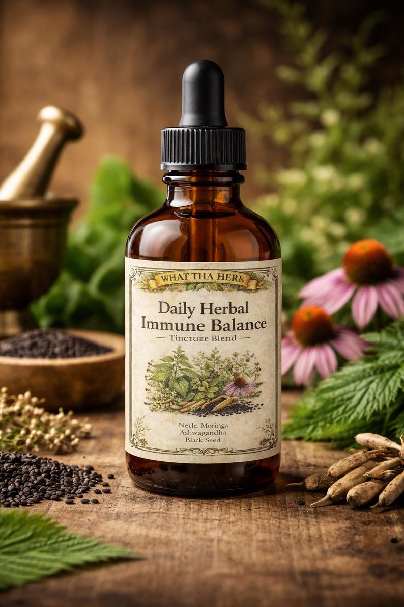 K&ouml;nnte beinhalten: Eine braune Glasflasche mit schwarzer Pipette, beschriftet mit "Daily Herbal Immune Balance - Tincture Blend". Das Etikett zeigt botanische Illustrationen und den Text "What Tha Herb". Zutaten sind Nettle, Moringa, Ashwagandha und Schwarzk&uuml;mmel. Umgeben von Kr&auml;utern und Blumen.