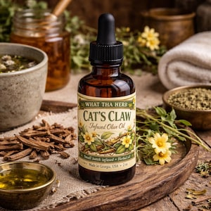 May include: A brown glass bottle of "Cat's Claw Infused Olive Oil" with a black dropper. The label features text and floral illustrations. The bottle is on a wooden tray with other herbal elements.