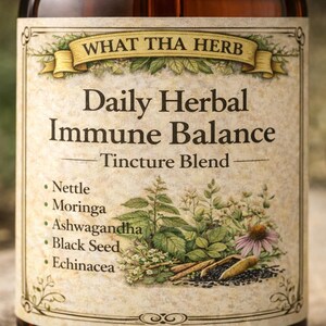 K&ouml;nnte beinhalten: Nahaufnahme eines Flaschenetiketts mit der Aufschrift "WHAT THA HERB" und "Daily Herbal Immune Balance Tincture Blend". Das Etikett listet Zutaten wie Nettle, Moringa und Echinacea mit botanischen Illustrationen auf.