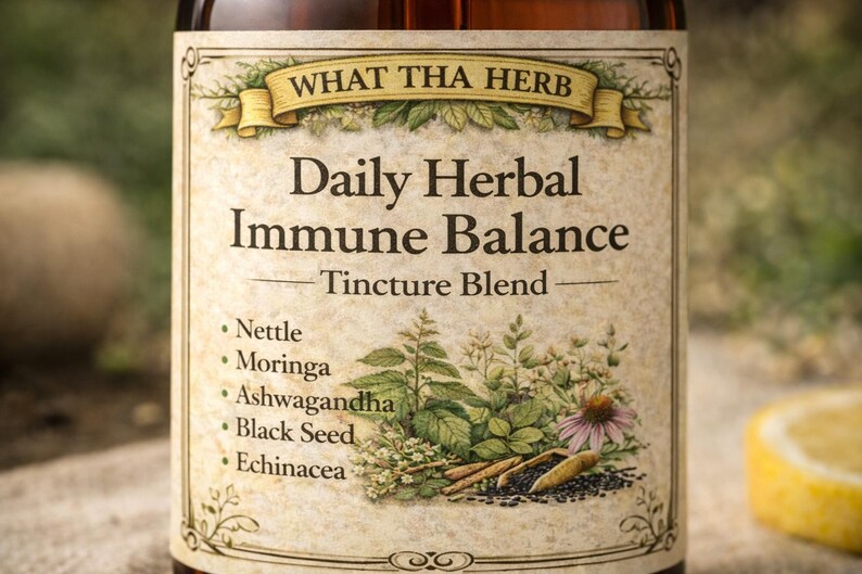 K&ouml;nnte beinhalten: Nahaufnahme eines Flaschenetiketts mit der Aufschrift "WHAT THA HERB" und "Daily Herbal Immune Balance Tincture Blend". Das Etikett listet Zutaten wie Nettle, Moringa und Echinacea mit botanischen Illustrationen auf.