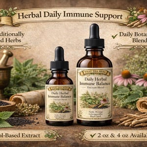 K&ouml;nnte beinhalten: Zwei braune Glasflaschen mit schwarzen Tropfern mit der Aufschrift "Daily Herbal Immune Balance" stehen auf einer Holzoberfl&auml;che. Die Flaschen sind von Kr&auml;utern, Blumen und einem M&ouml;rser und St&ouml;&szlig;el umgeben. Der Text lautet "Herbal Daily Immune Support".