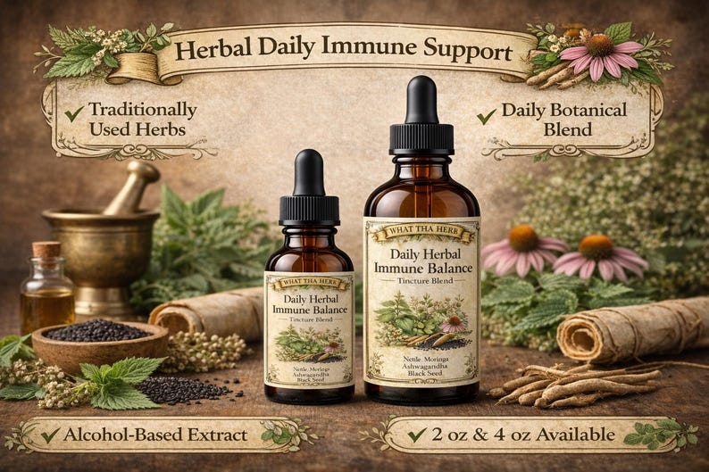 K&ouml;nnte beinhalten: Zwei braune Glasflaschen mit schwarzen Tropfern mit der Aufschrift "Daily Herbal Immune Balance" stehen auf einer Holzoberfl&auml;che. Die Flaschen sind von Kr&auml;utern, Blumen und einem M&ouml;rser und St&ouml;&szlig;el umgeben. Der Text lautet "Herbal Daily Immune Support".