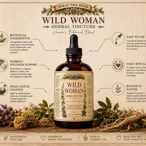 May include: A brown glass bottle of "Wild Woman" herbal tincture with a dropper, surrounded by herbs and text. The label reads "Women's Botanical Blend" and highlights botanical ingredients and wellness support. The bottle contains 4 fl oz (118 ml).