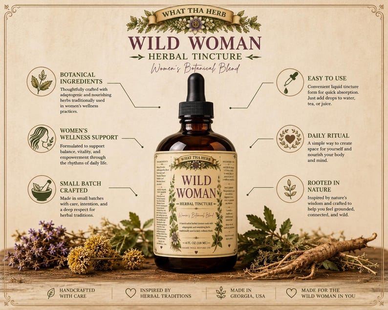 May include: A brown glass bottle of "Wild Woman" herbal tincture with a dropper, surrounded by herbs and text. The label reads "Women's Botanical Blend" and highlights botanical ingredients and wellness support. The bottle contains 4 fl oz (118 ml).