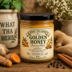 Puede incluir: Un tarro de mezcla botánica "Golden Honey" con tapa negra. La etiqueta enumera los ingredientes: miel cruda sin filtrar, cúrcuma, jengibre, canela y pimienta negra. El tarro es de 113g y está hecho en Georgia, EE. UU. Cúrcuma, jengibre, palitos de canela y granos de pimienta están esparcidos.