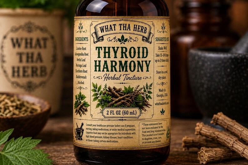 K&ouml;nnte beinhalten: Eine braune Glasflasche mit What Tha Herb Thyroid Harmony Kr&auml;utertinktur und beigem Etikett. Das Etikett zeigt gr&uuml;ne botanische Illustrationen, eine Liste der Inhaltsstoffe wie S&uuml;&szlig;holzwurzel und ein Volumen von 2 FL OZ (60 ml).