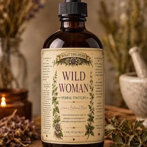 May include: A brown glass bottle of "Wild Woman Herbal Tincture" with a black dropper. The label reads "Women's Botanical Blend" and lists ingredients. The bottle contains 4 fl oz (118 ml).