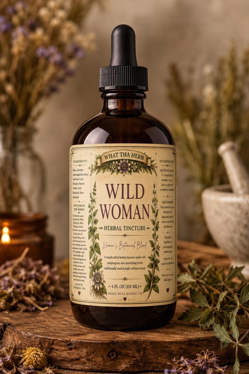 May include: A brown glass bottle of "Wild Woman Herbal Tincture" with a black dropper. The label reads "Women's Botanical Blend" and lists ingredients. The bottle contains 4 fl oz (118 ml).