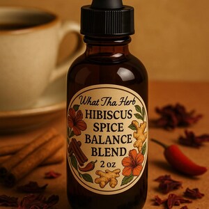 May include: A brown glass bottle with a black dropper top, labeled "What Tha Herb Hibiscus Spice Balance Blend 2 oz." The label features illustrations of hibiscus flowers, ginger, and cinnamon sticks. Dried hibiscus flowers and a red chili pepper are scattered around the bottle.
