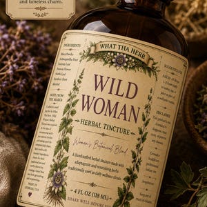 May include: A dark amber glass bottle of "Wild Woman Herbal Tincture" with a detailed label. The label features botanical illustrations, the text "Women's Botanical Blend", and a 4 fl oz (118 ml) volume.