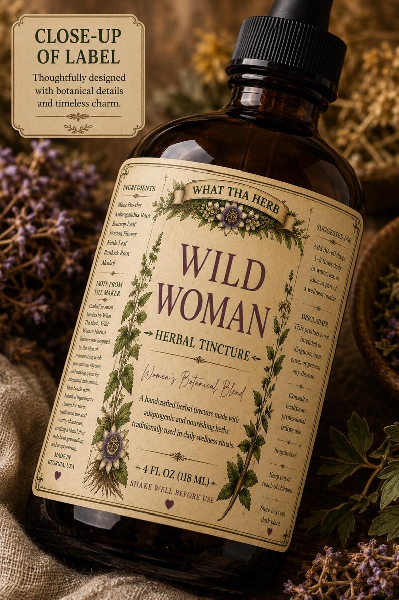 May include: A dark amber glass bottle of "Wild Woman Herbal Tincture" with a detailed label. The label features botanical illustrations, the text "Women's Botanical Blend", and a 4 fl oz (118 ml) volume.