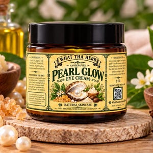 Puede incluir: Un tarro de cristal ámbar de 57g de crema para ojos What Tha Herb Pearl Glow con tapa negra. La etiqueta color crema presenta una ilustración de una ostra abierta con una perla, ingredientes, instrucciones de uso y un código QR.
