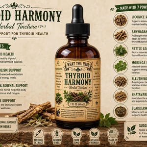 K&ouml;nnte beinhalten: Eine braune Glastropfflasche mit dem Etikett Thyroid Harmony Herbal Tincture, 60 ml. Das Etikett listet Inhaltsstoffe wie S&uuml;&szlig;holzwurzel, Ashwagandha, Brennnessel, Moringa, Eleutherococcus, Shatavari und Blasentang sowie Informationen zur Anwendung auf.