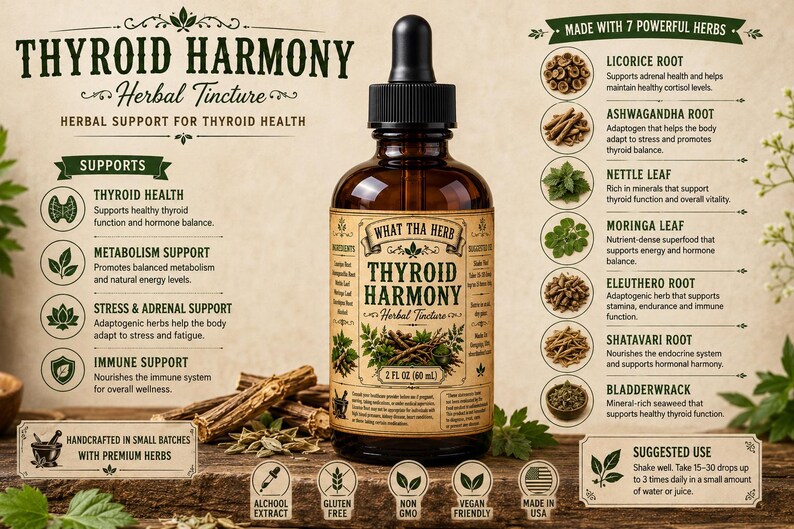 K&ouml;nnte beinhalten: Eine braune Glastropfflasche mit dem Etikett Thyroid Harmony Herbal Tincture, 60 ml. Das Etikett listet Inhaltsstoffe wie S&uuml;&szlig;holzwurzel, Ashwagandha, Brennnessel, Moringa, Eleutherococcus, Shatavari und Blasentang sowie Informationen zur Anwendung auf.