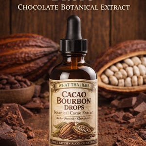 Könnte beinhalten: Eine braune Glasflasche mit dem botanischen Extrakt "Cacao Bourbon Drops" mit einer Pipette, vor dem Hintergrund von Kakaobohnen und Schokolade. Das Etikett lautet "What Tha Herb" und "Small Batch Alcohol Extract". Die Flasche enthält 118 ml.
