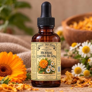 May include: An amber glass dropper bottle with a black cap, featuring a label that reads What Tha Herb Handcrafted Herbal Chafing Be Gone. The label includes an illustration of orange and white flowers and lists ingredients like calendula oil.
