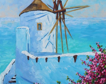 Original Painting on Canvas, Wind Mill of Mykonos', Greece Art, Impressionist Art