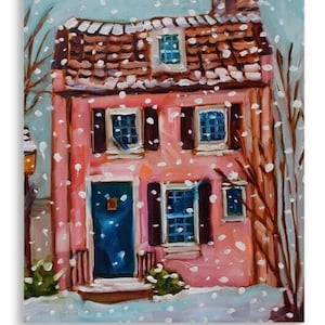 Pink House Winter Snow Artwork Print - Vibrant Inkjet Printing