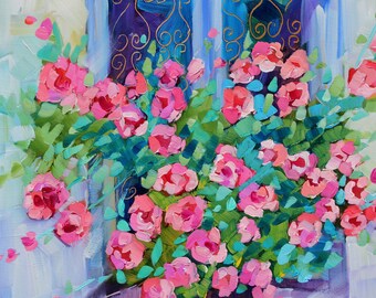 Original Oil Painting A Window With Colorful Blooms by