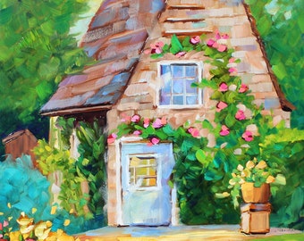 Old English Cottage, Original Oil Painting by Rebeccambeal