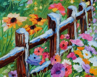 Burst of Blooms Along the Weathered Fence Art Oil Painting Home Decor