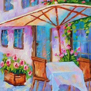 May include: A painting of a cafe patio with a white tablecloth on a table and two chairs. The cafe is decorated with pink flowers and a yellow umbrella.