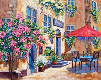 Sunlit Serenade: 'Sunshine Cafe' - Original European Oil Painting, Rebeccambeal