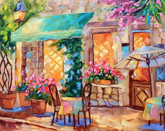Open Air Cafe, Original Oil Painting by Rebeccambeal, Impressionist Art