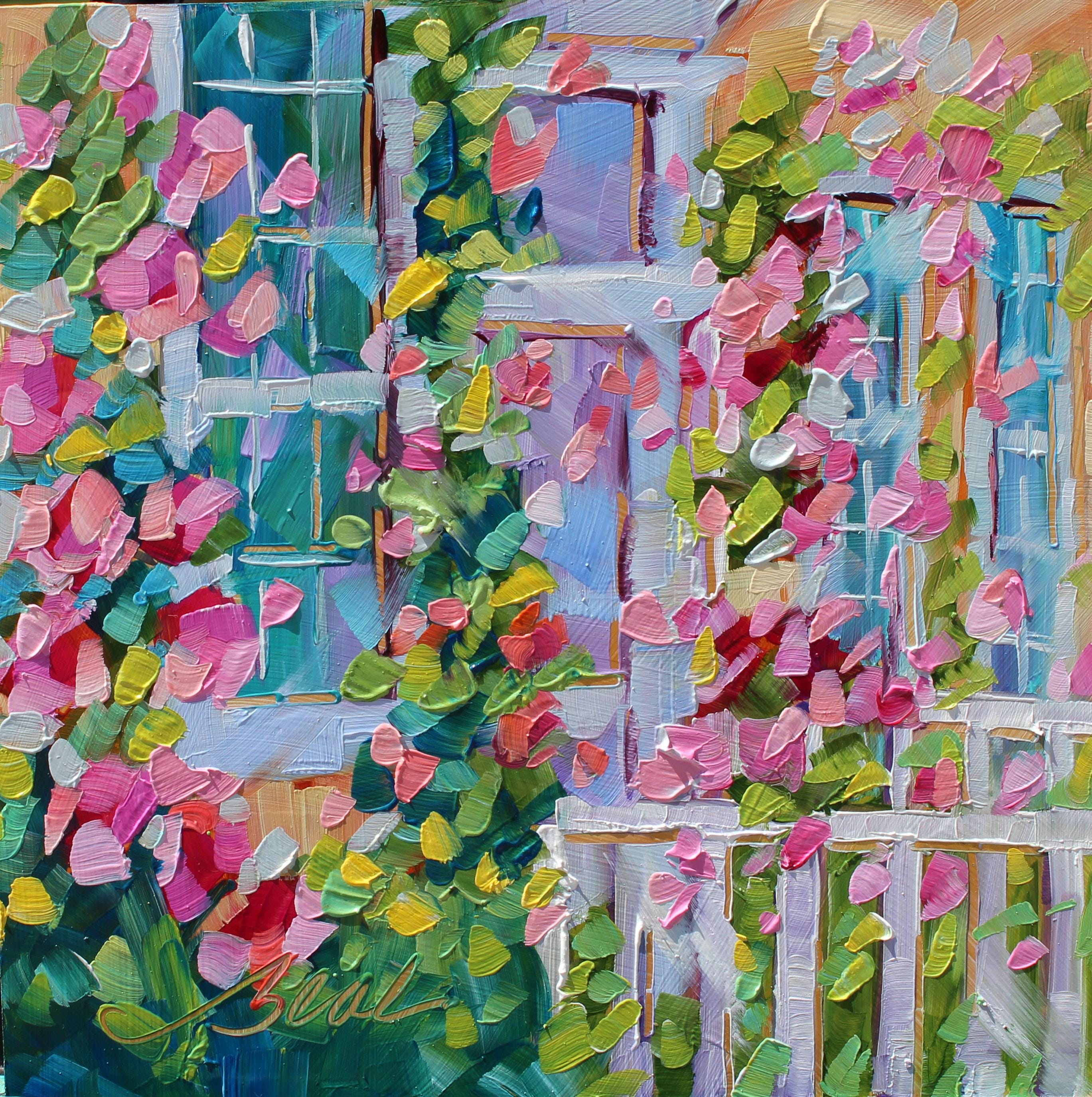 Textured Oil Painting Boston House with Flowers Pastel Urban Art