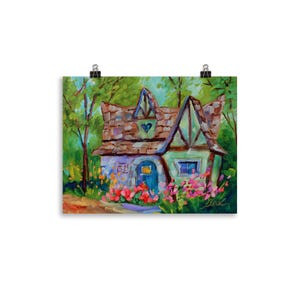May include: A colorful painting of a whimsical cottage with a brown roof, blue door, and green trim. The cottage is surrounded by vibrant pink and red flowers, with lush green trees in the background. The number "32" is above the door.