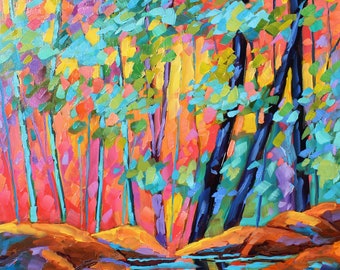 Original Oil Painting Sunlit Forest Impressionist Art