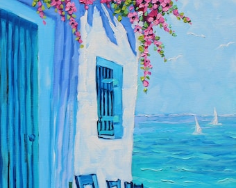 Original Santorini Oil Painting with Sailboats and Birds, Rebeccambeal