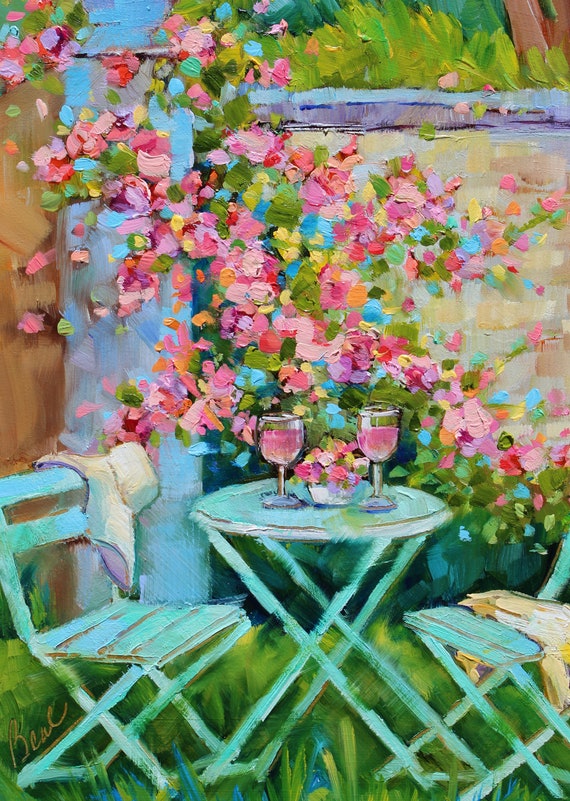 油彩画【garden party】 4号 Oasis of Garden Delights Original Oil Painting by Rebeccambeal - Etsy