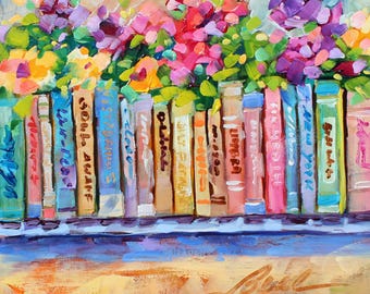 Original Oil Painting Welcome to The Bookshelf&#39;s Blooming Symphony by Impressionist Rebeccambeal