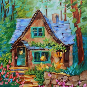 Pineview Cottage - Original Cottagecore Oil Painting by Rebecca Beal