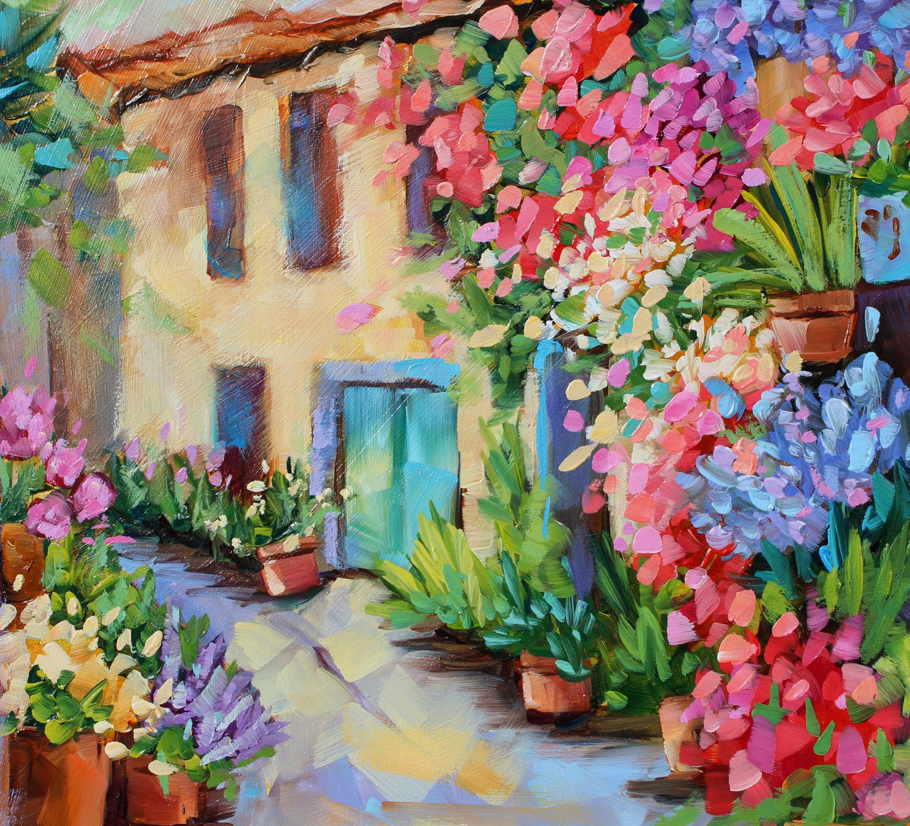 Bountiful Blooms on Rustic Streets Original Landscape Oil Painting