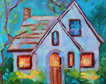 Quiet Evening, Original Oil Painting of a Night Time Cottage-Core by Rebeccambeal