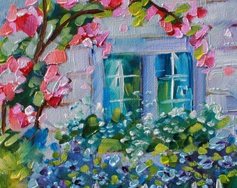 Original Oil Painting Willow Cottage by Impressionist Rebeccambeal