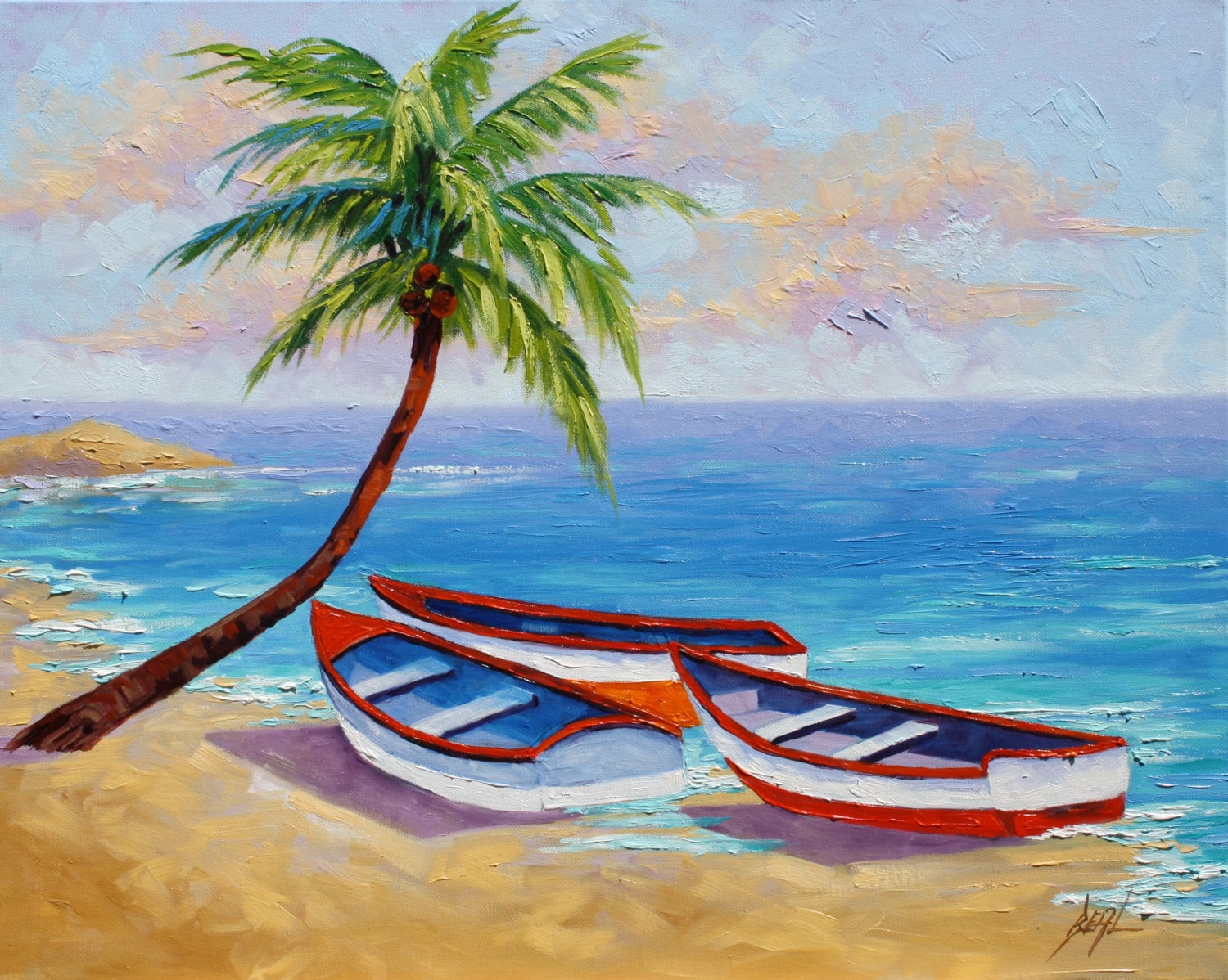 Boat Oil Painting Tropical Beach Painting signed Canvas Beach Etsy
