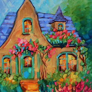 Original Oil Painting Golden Twilight: Cottagecore Evening Cottage by Rebeccambeal