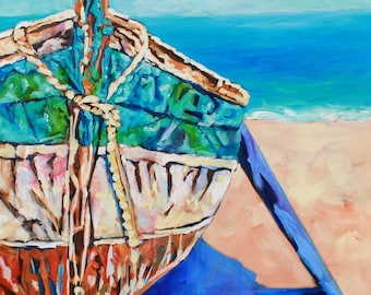 Large Original Boat Painting on Canvas, Impressionist Boat, Rebeccambeal