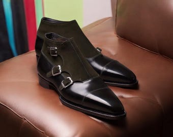 Stivali con fibbia in pelle nera fatti a mano / Scarpe Oxford su misura